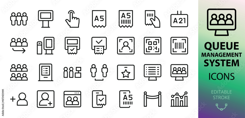 Poster queue management system outline icons set with editable stroke