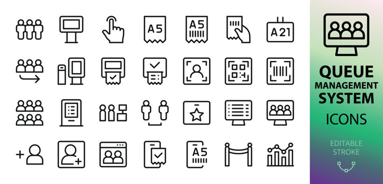 Queue management system outline icons set with editable stroke