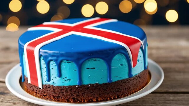A round cake with blue icing and a design of the Icelandic flag. The cake is placed on a wooden table with a blurred background of warm lights.