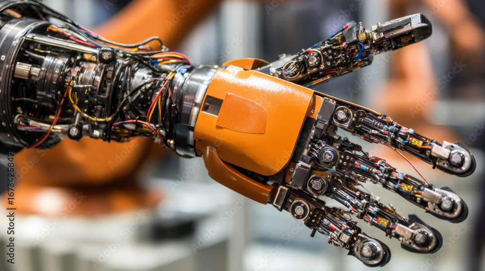 Poster robotic hand showcasing advanced technology and intricate design, featuring metallic components, wir