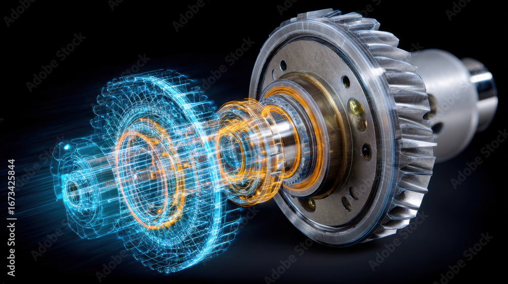 Poster high tech gear mechanism with digital holographic overlay, showcasing intricate details and engineer