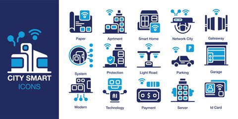 City Smart icon set. Containing technology, city, digital, future, smart, and more. Solid vector icons collection. Vector illustration.