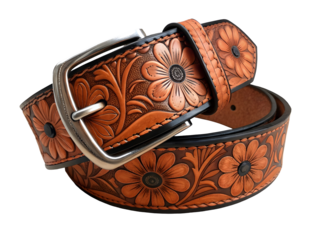 Intricately tooled leather belt with floral motifs and silver buckle isolated on a transparent background