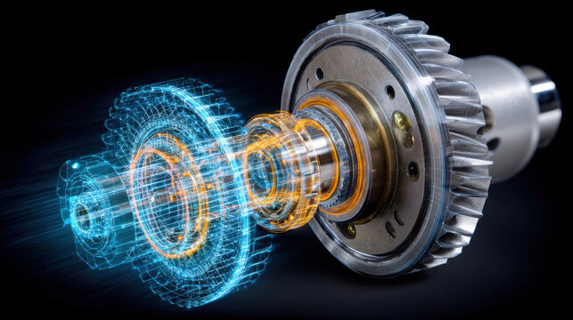 High tech gear mechanism with digital holographic overlay, showcasing intricate details and engineering precision. image conveys innovation and advanced technology in mechanical design