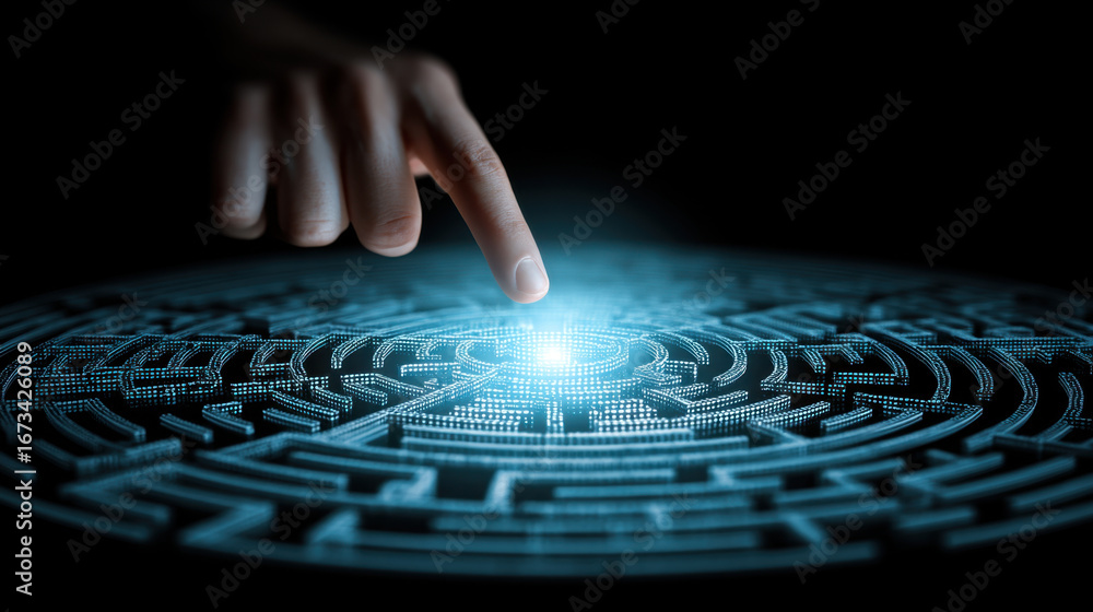 Poster hand touches glowing digital maze, symbolizing technology and innovation. intricate design represent