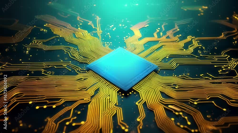 Poster close-up of a glowing blue microchip surrounded by intricate golden circuitry, illustrating advanced