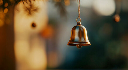 Obraz premium Golden bell Christmas ornament hanging on a pine tree with dark blurred background.