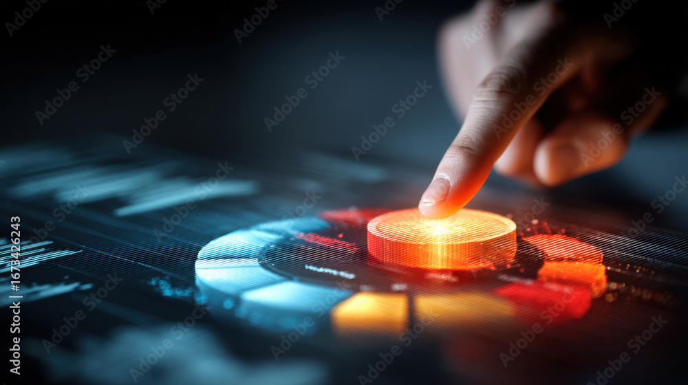Poster person interacts with digital interface, highlighting glowing circular element on colorful data visu
