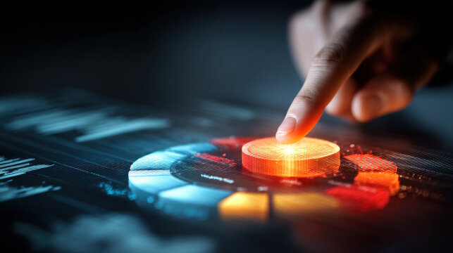 Person interacts with digital interface, highlighting glowing circular element on colorful data visualization. scene conveys sense of innovation and technology
