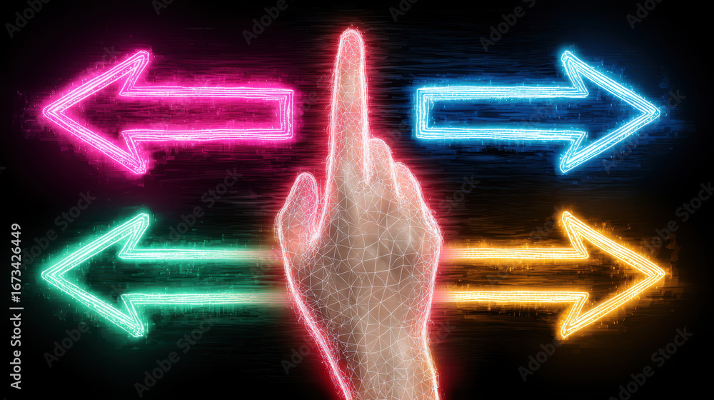Aufkleber hand with glowing outline points upward, surrounded by colorful arrows various directions, symbolizi