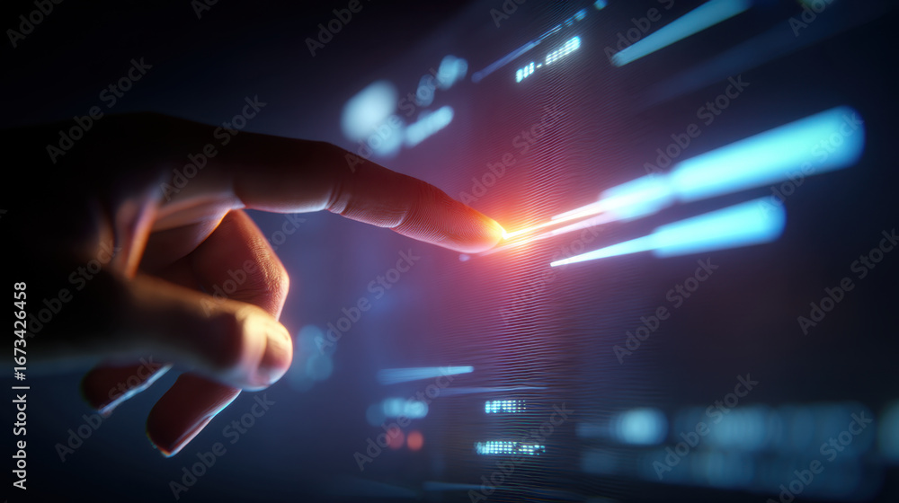 Poster digital interaction with technology, showcasing hand touching glowing interface, symbolizing innovat