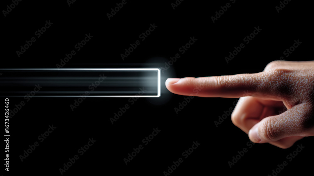 Poster hand with finger reaching towards glowing rectangular shape, symbolizing interaction and technology.