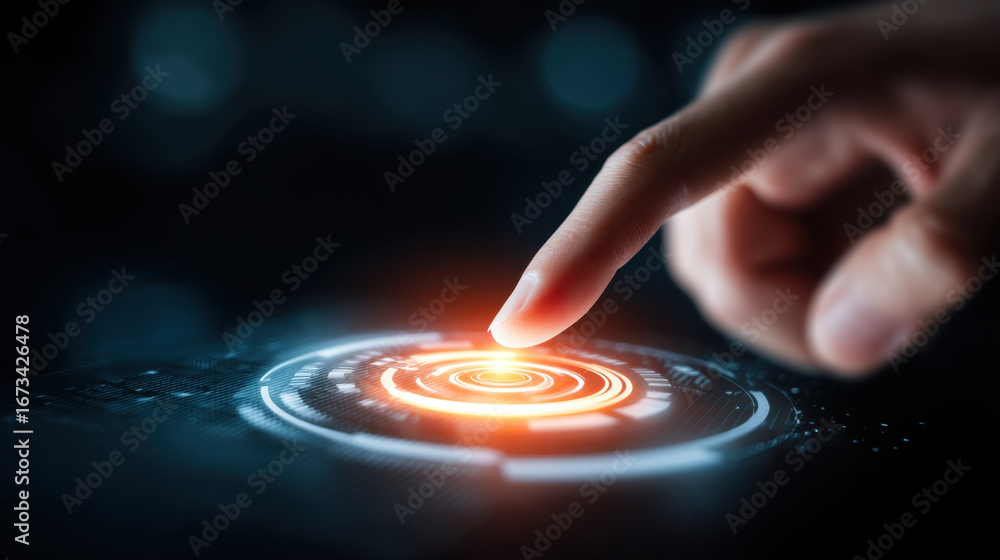 Poster close up of finger gently touching glowing circular interface, symbolizing technology and interactio