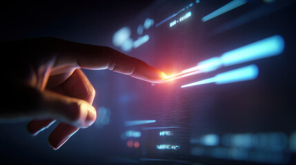 Digital interaction with technology, showcasing hand touching glowing interface, symbolizing innovation and connectivity in modern world