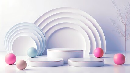 Elegant White Stage Display with Pastel Spheres and Arch Background for Product Presentation