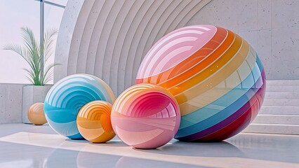 Giant Spheres in Modern Architecture Displaying Vibrant Rainbow Colors and Geometric Shapes