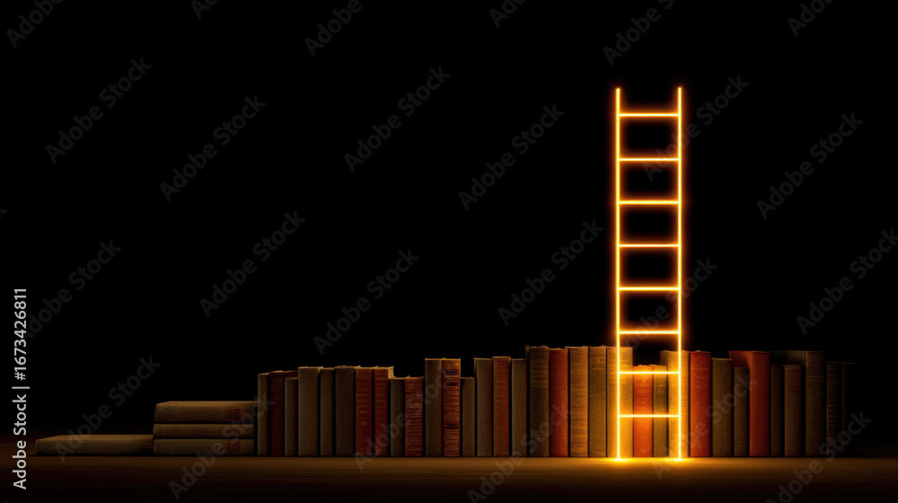 Poster glowing ladder stands beside stack of books in dark setting, symbolizing knowledge and aspiration. c
