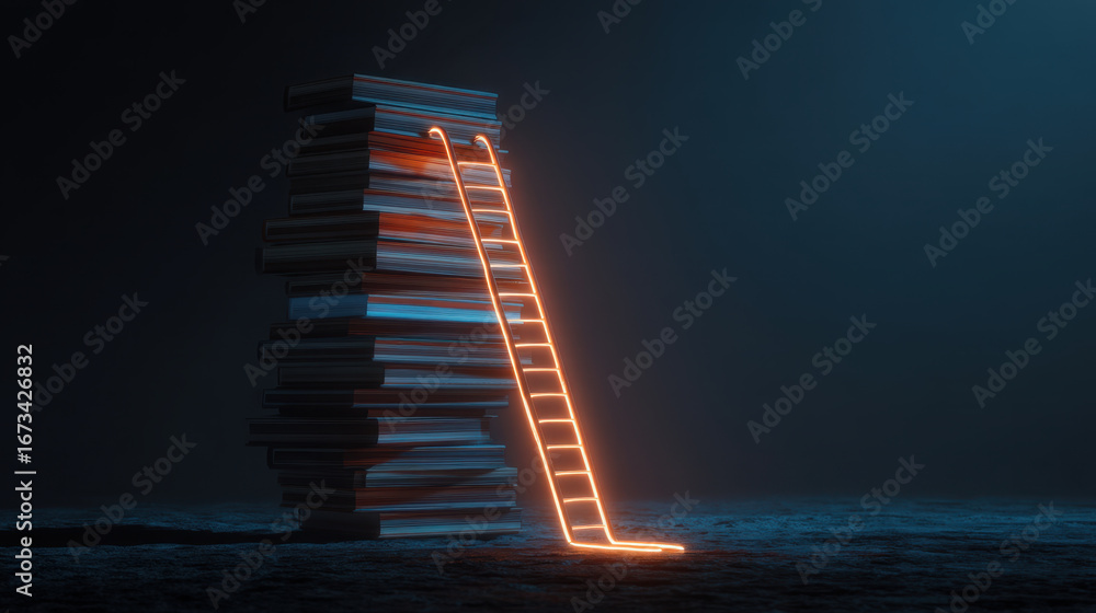 Poster stack of books illuminated by glowing ladder, symbolizing knowledge and learning. contrast of light 