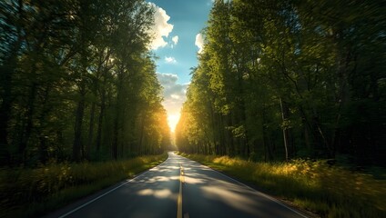 A cinematic shot of a winding road surrounded by tall trees forming a natural tunnel, with a bright golden glow in the distance symbolizing faith and hope, against a clear blue sky with puffy white cl