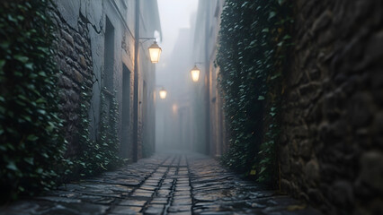 Mysterious foggy cobblestone alley with vintage lanterns and ivy covered walls