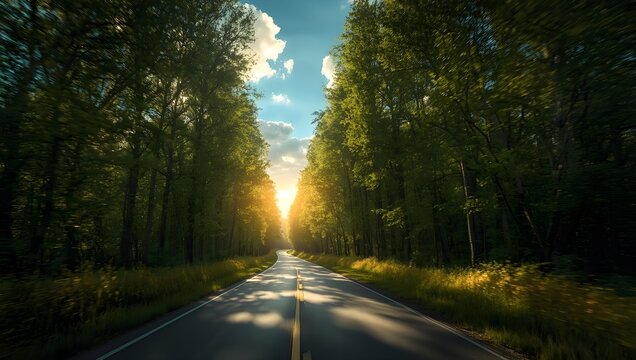 A cinematic shot of a winding road surrounded by tall trees forming a natural tunnel, with a bright golden glow in the distance symbolizing faith and hope, against a clear blue sky with puffy white cl - Powered by Adobe