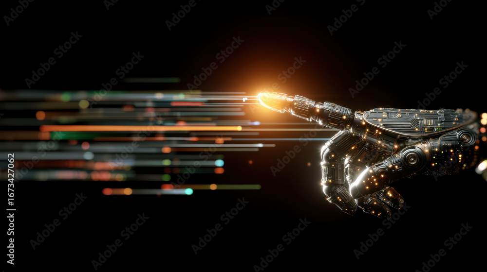 Poster futuristic robotic hand reaches out, emitting glowing light, symbolizing advanced technology and inn