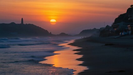Fototapeta premium sunset over the beach,Beach Sunset with Coastal Pagoda