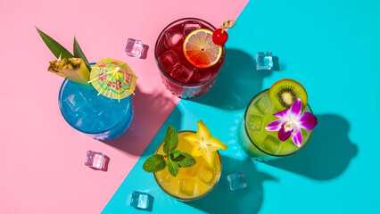 Colorful Tropical Cocktail Drinks with Ice and Fruit Garnish on Bright Background