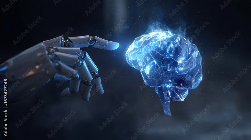 Poster robotic hand reaches out towards glowing, digital brain, symbolizing intersection of technology and 