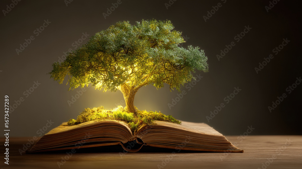 Poster tree emerges from open book, symbolizing connection between nature and knowledge. glowing light high