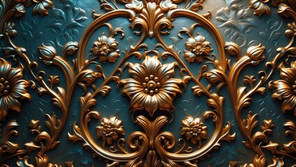 Ornate golden floral decoration with intricate patterns on a teal background.