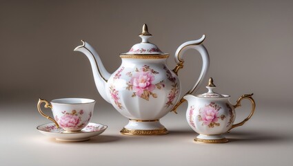 Elegant porcelain tea set with pink floral pattern, including a teapot, sugar bowl, and cup with saucer, featuring gold details.