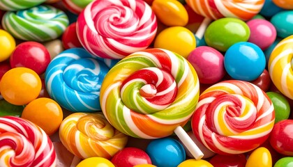 Colorful Candy Explosion Swirl Lollipops  Gumballs with Sweet Treats, Closeup, and Colorful Background.