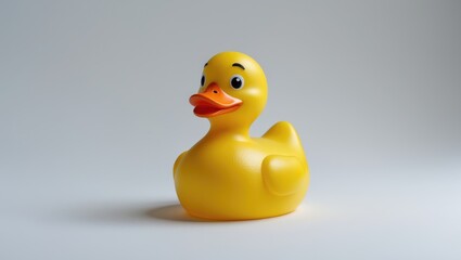 A yellow rubber duck with a winking eye and orange beak on a plain background