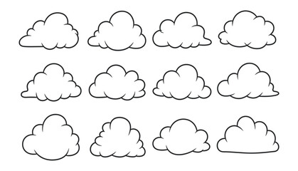 A versatile collection of outlined cartoon clouds, ideal for weather forecasting, sky design elements, or children's illustrations and graphic projects