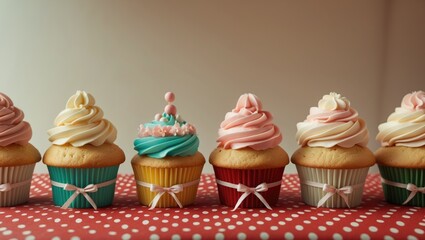Assorted cupcakes with pastel and whipped frosting decorations on a polka dot cloth. Celebration and dessert. Sweet treats for special occasions. The concept of baked goods and desserts.