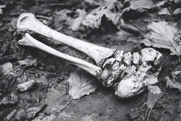 Broken animal leg bones resting on wet ground, surrounded by dry leaves in a black and white scene, evoke a spooky and mysterious atmosphere filled with decay and mortality