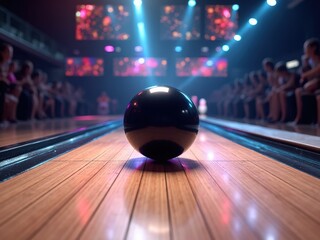  Bowling ball rolling towards pins on wooden lane in indoor arena