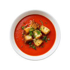 Delicious Tomato Soup with Toasted Croutons Overhead Shot