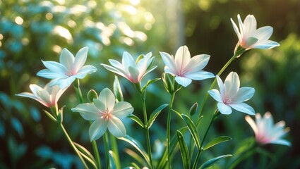 Fototapeta premium Vivid picture of white flowers blooming in a garden with sunlight shining through. Nature and floral beauty, concept. Botany and outdoor scenery. The idea of natural blooms and gardening.