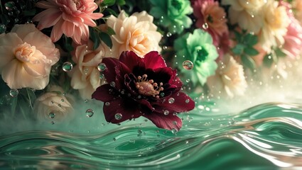 Colorful flowers and water with bubbles. Nature and aquatic life, floral and water themes, vibrant and fresh, serene and calming ambiance.