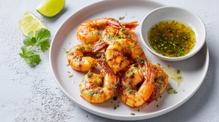 Fototapeta premium Deliciously grilled shrimp served on a white plate. The vibrant dish features fresh lime and a tangy sauce. Perfect for seafood lovers. Ideal for food blogs or cooking websites. AI