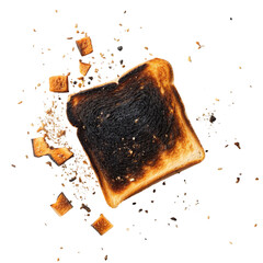 Burnt toast slice with crumbs and dark particles scattered around isolated on transparent background