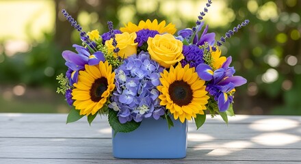 Yellow and Purple Flower Arrangement in Light Blue Square Container
