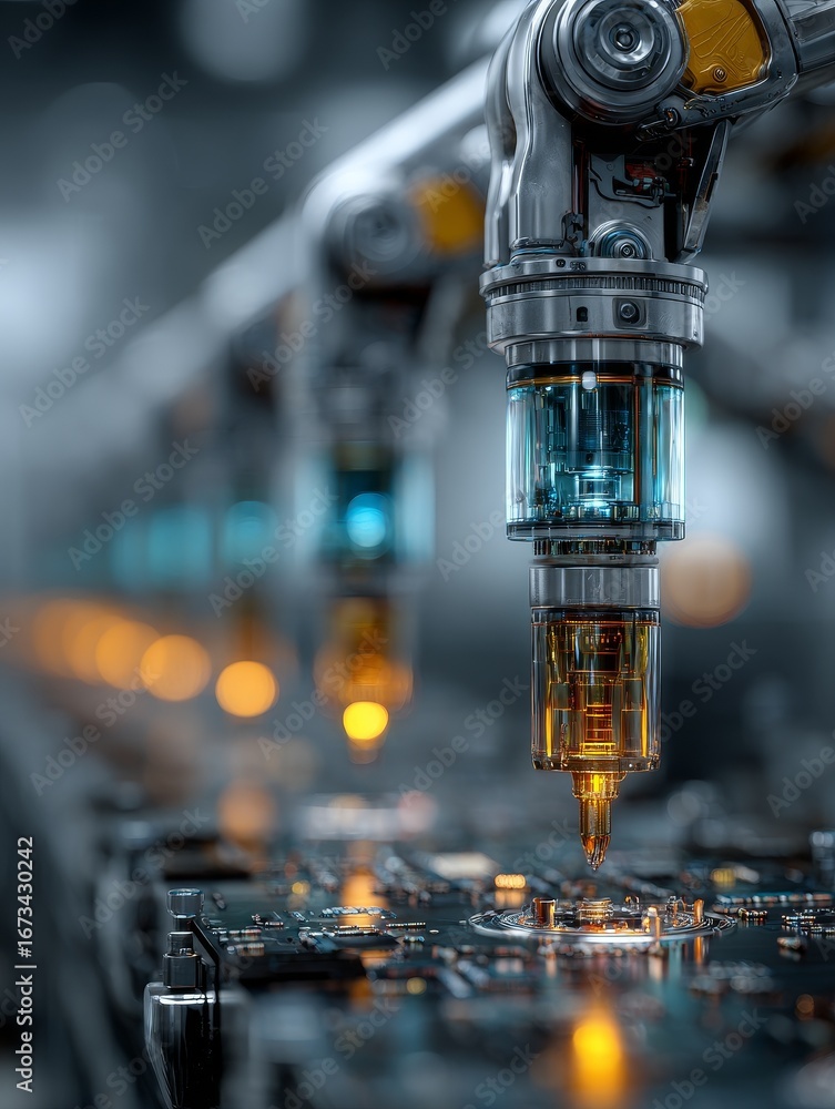 Poster futuristic robotic assembly line with robotic arms assembling electronic components in a sleek ultra