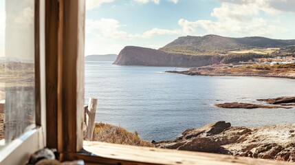 Maritime view framed by ferry window, ocean horizon, clear coastal scene.