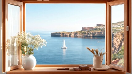 Fototapeta premium Coastal view through ferry window, ocean horizon visible, maritime perspective.