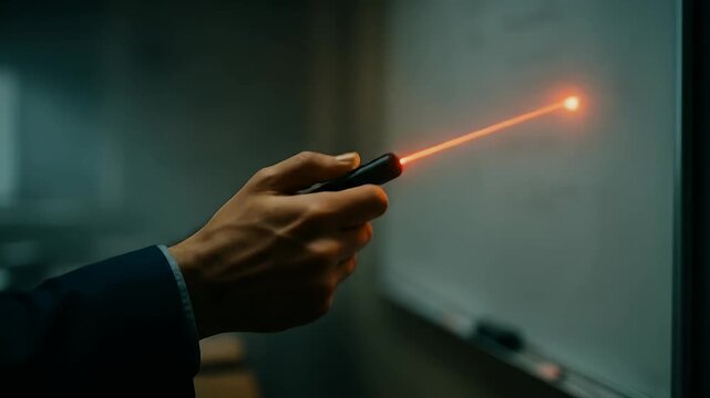 Teacher Hand Holding Red Laser Pointer Aimed at Whiteboard in Classroom Close Up with Visible Beam