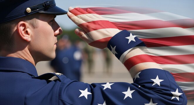 Honoring America: Coast Guard officer salutes with American flag overlay for patriotic holidays
