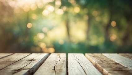 A wooden surface in the foreground with blurred green trees and sunlight in the background.